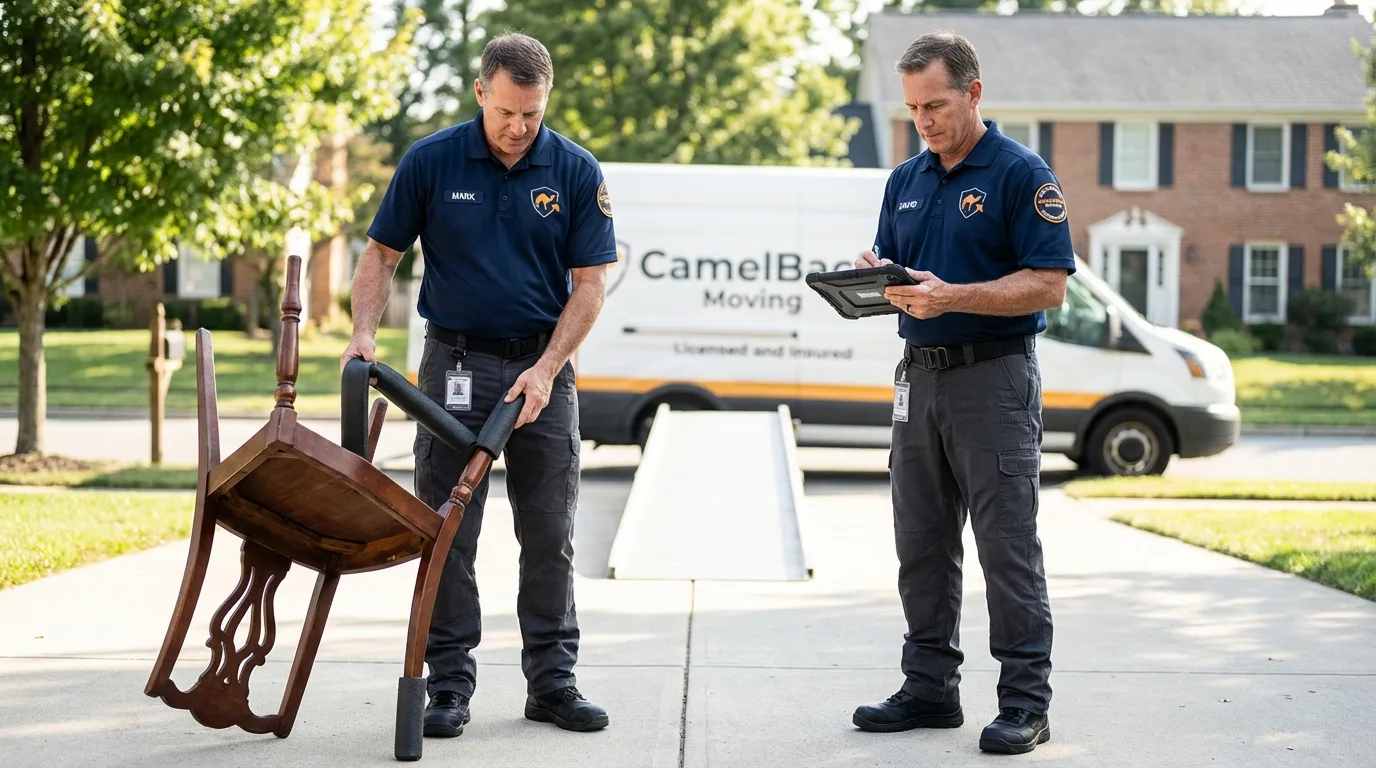 Movers inspecting furniture for damage prevention before loading in Chewelah, WA